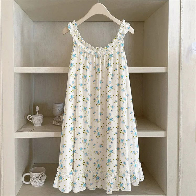 Vintage Cottage Floral Ruffle Trim Linen Dress artswardrobe