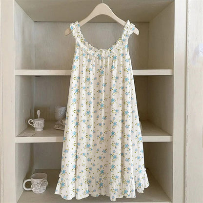 Vintage Cottage Floral Ruffle Trim Linen Dress artswardrobe
