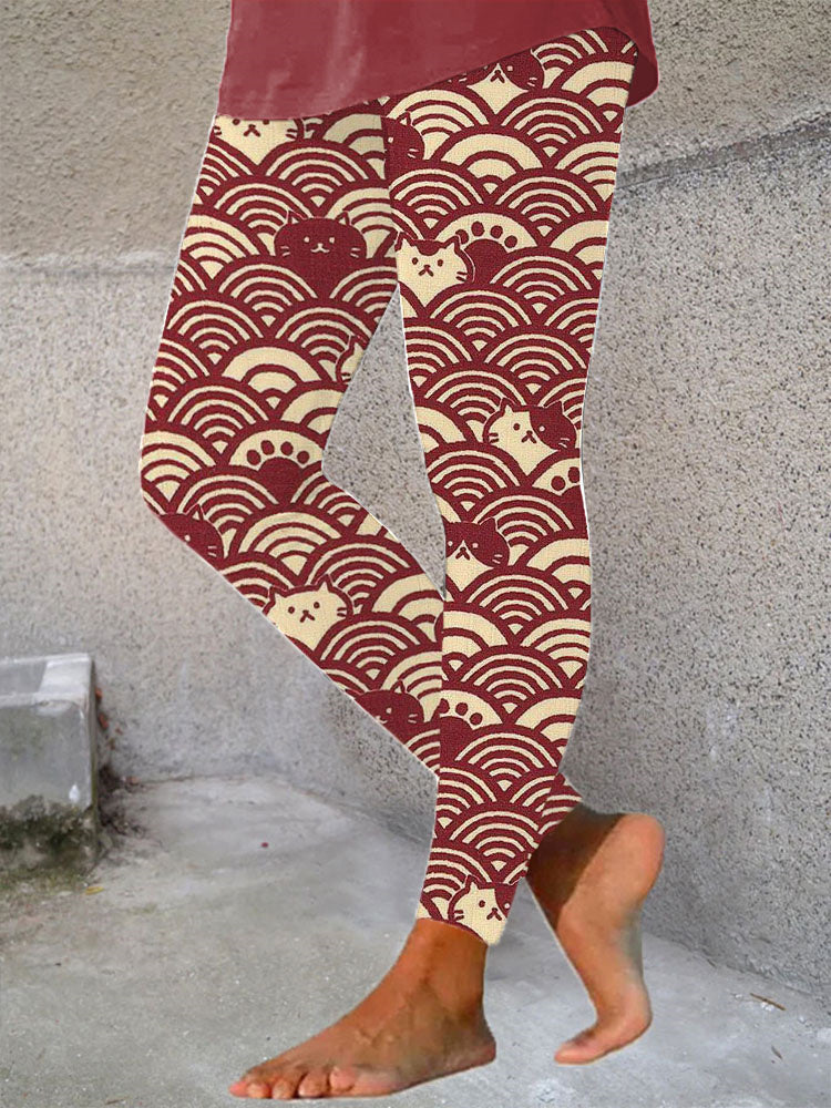 Japanese Art Wave and Cat Print Casual Stretch Leggings elevenforest