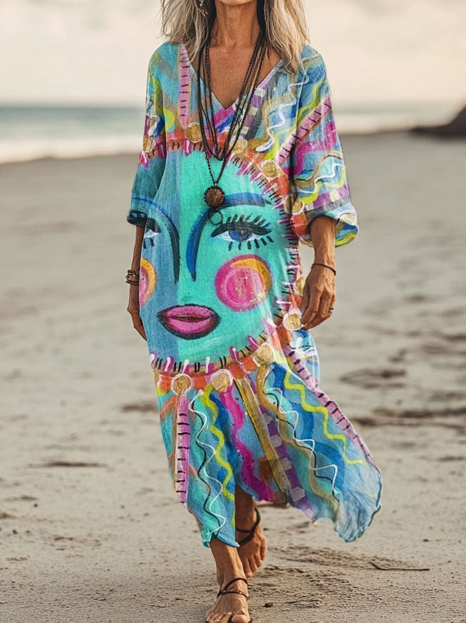 Women's Colorful Face Sun Pattern Art Print Pocket Cotton Dresses
