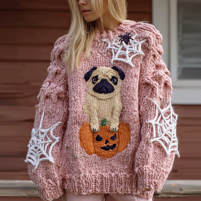 Halloween Cute Pug Pumpkin Graphic Chunky Knit Cozy Fuzzy Sweater artswardrobe