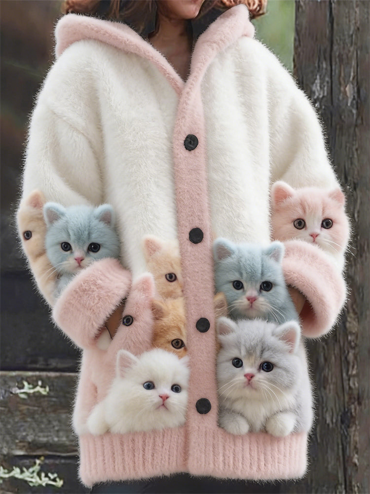 Comstylish Colorful Crowded Fuzzy Cats Cozy Hooded Cardigan