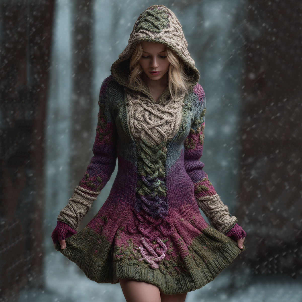 Women's Celtic Knot Ombre Hooded Sweater Dress elevenforest