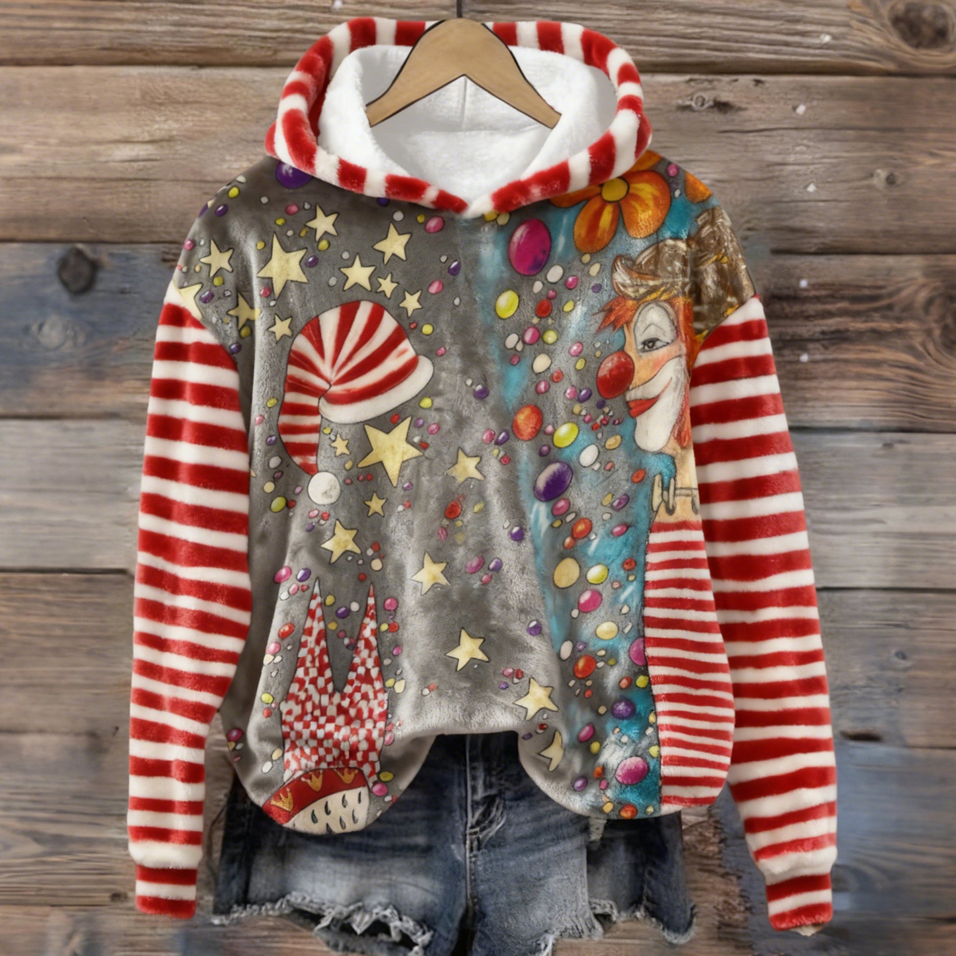 Comstylish Women's Clown Stripes Pattern Art Cozy Flannel Hooded