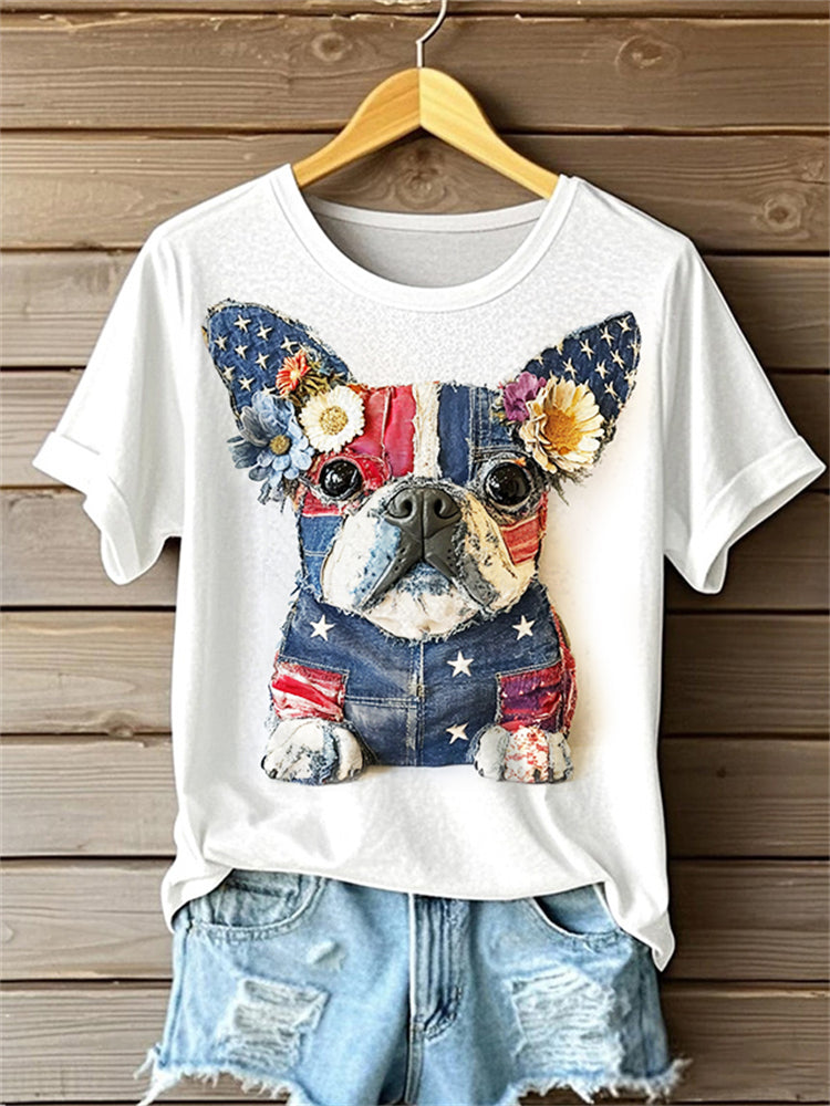 Comstylish Bulldog Floral American Flag Denim Patchwork T Shirt