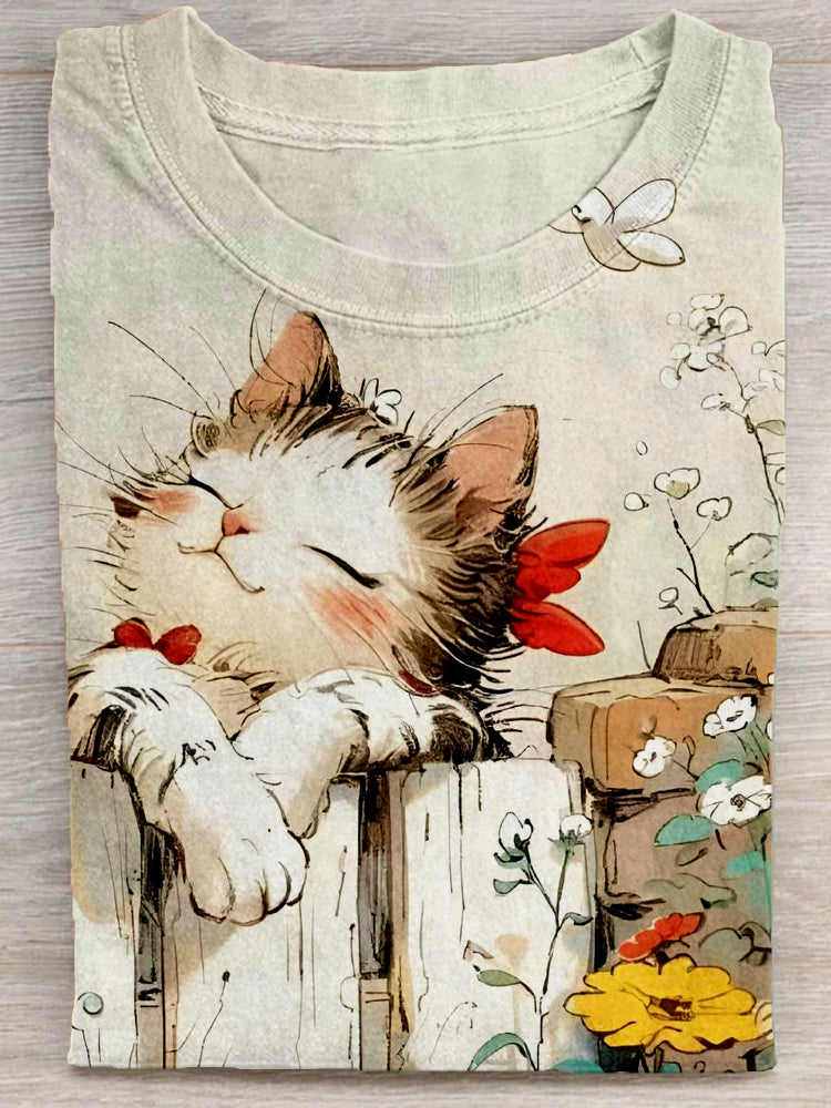 Lovely Cat Art Pattern Crew Neck Comfy T Shirt elevenforest