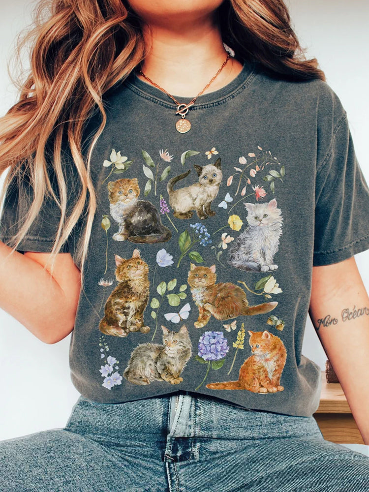 Countryside Cat Embroidery Print T-shirt artswardrobe
