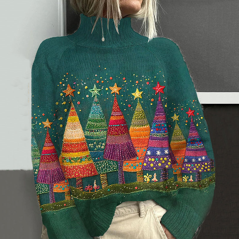 Comstylish Women's Christmas Retro Christmas Tree Knitted Turtleneck Sweater