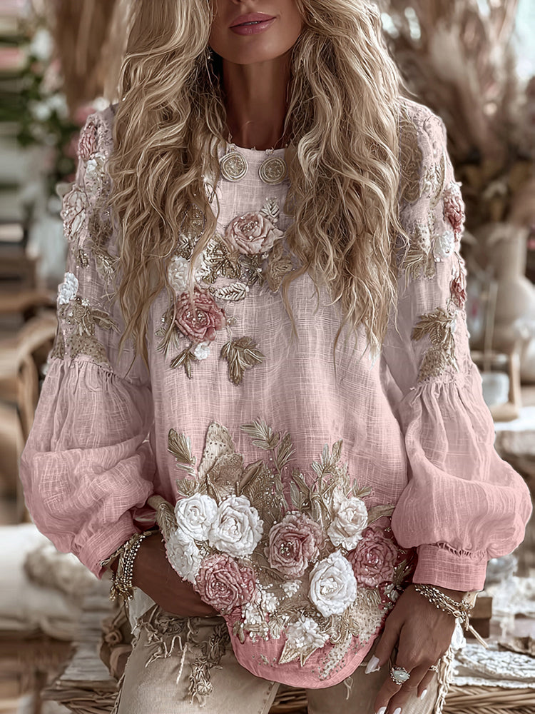 Women's Vintage Romantic White Rose Embroidery Art Comfy Linen Long Sleeve Shirt artswardrobe