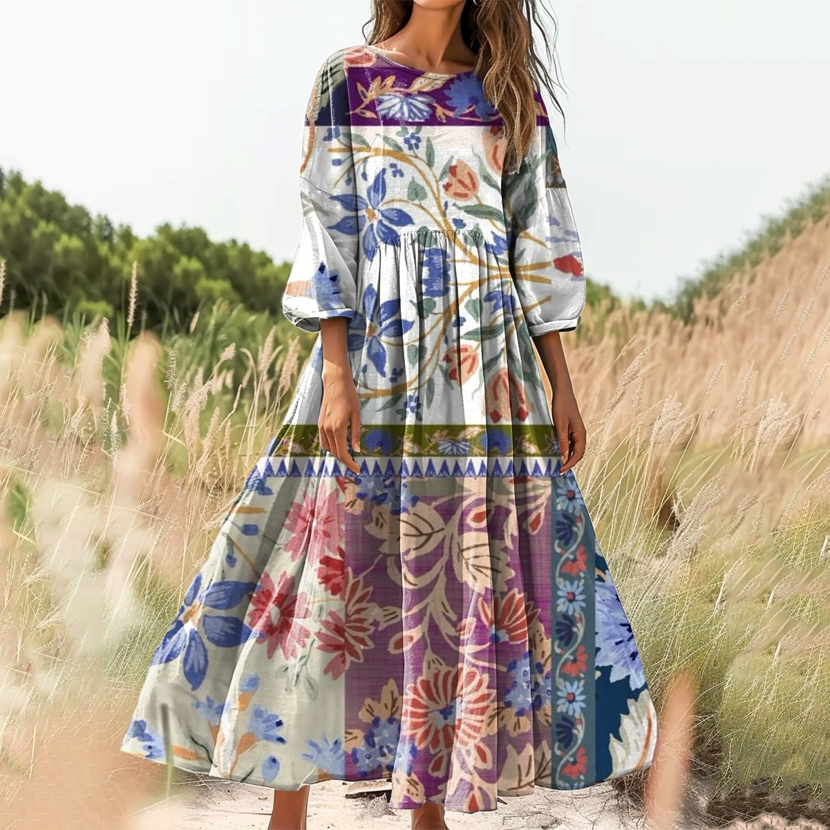 Women's Floral Art Print Cotton Crew Neck Dress