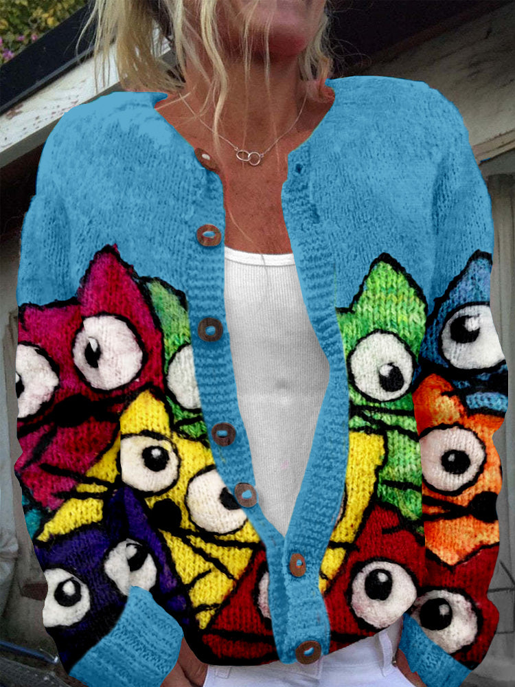 Cute Colorful Crowded Cats Art Cozy Knit Cardigan elevenforest