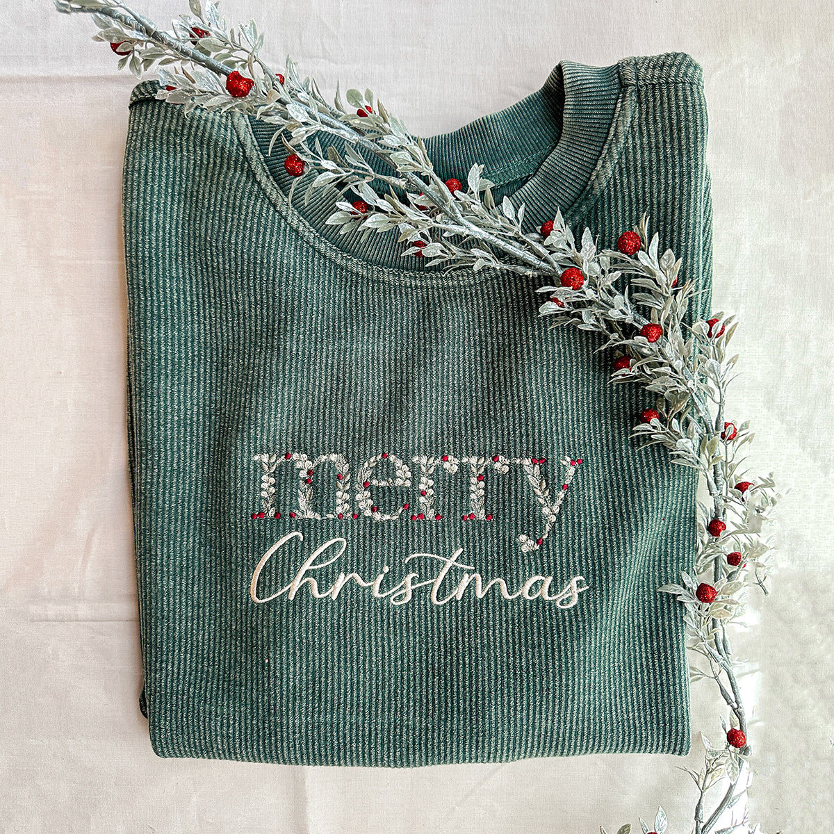 Comstylish Merry Christmas Embroidered Corded Crew Neck Sweatshirt
