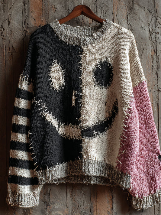 Halloween Spooky Face Contrast Stitched Cozy Knit Sweater artswardrobe