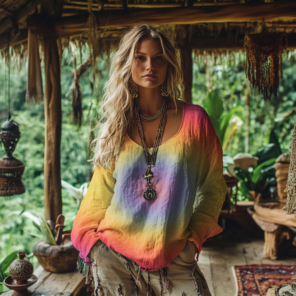 Women's Vintage Bohemian Tie-dye Art Linen Casual T-shirt artswardrobe