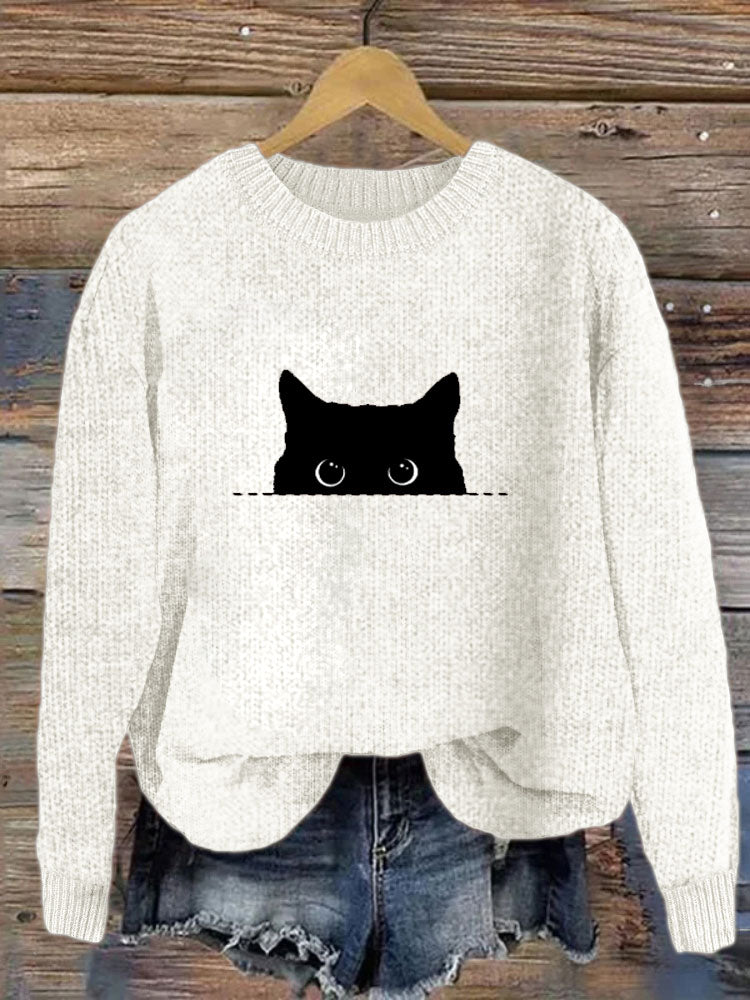 Comstylish Women's Casual Funny Black Cat Print Sweater