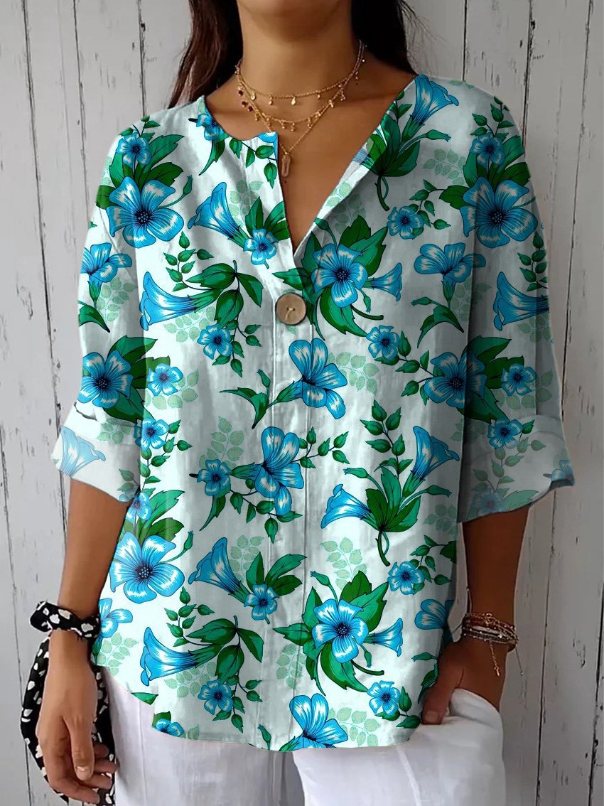 Summer Tropical Blue Floral Pattern Printed Women's Casual Cotton Linen Shirt