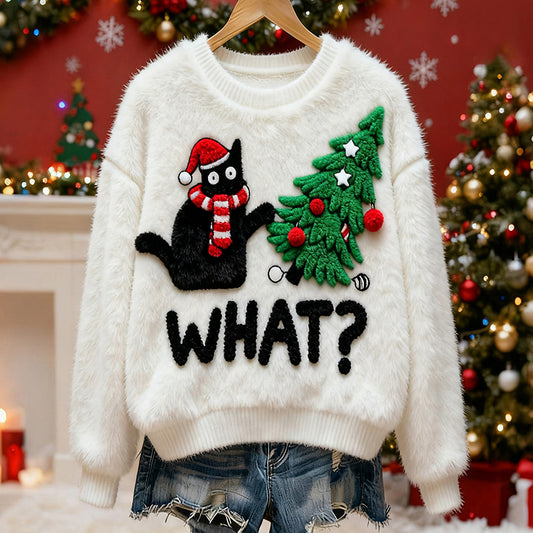 Women's Christmas Tree Cat Plush Sweater
