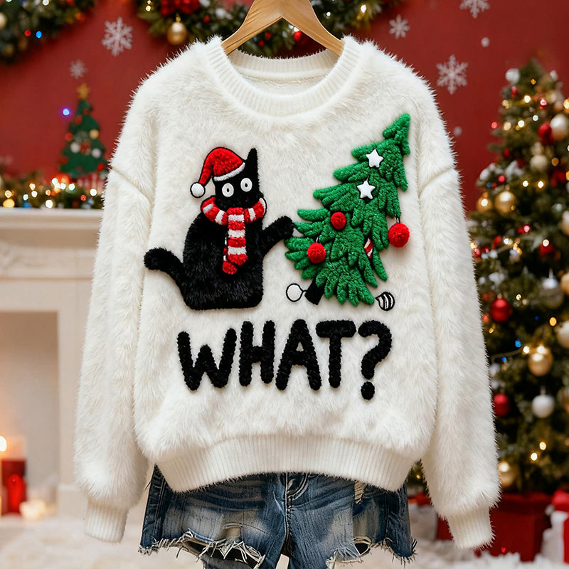 Comstylish Women's Christmas Tree Cat Plush Sweater