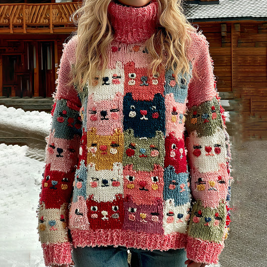 Colorful Cats Pattern Art Cozy Knit Turtleneck Sweater elevenforest
