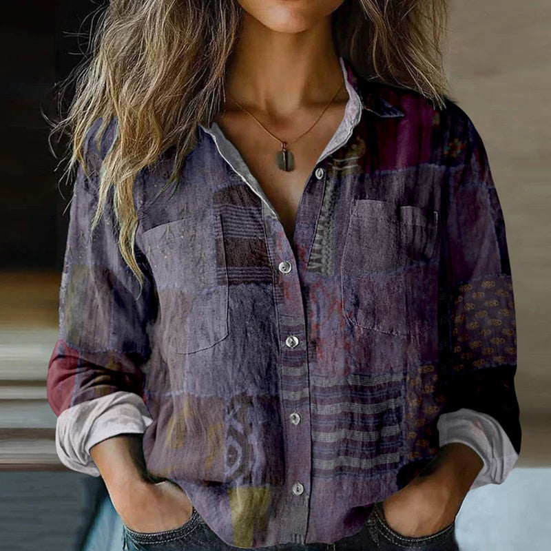 Bohemian Style Floral  Patchwork Linen Print  Long Sleeve Shirt artswardrobe