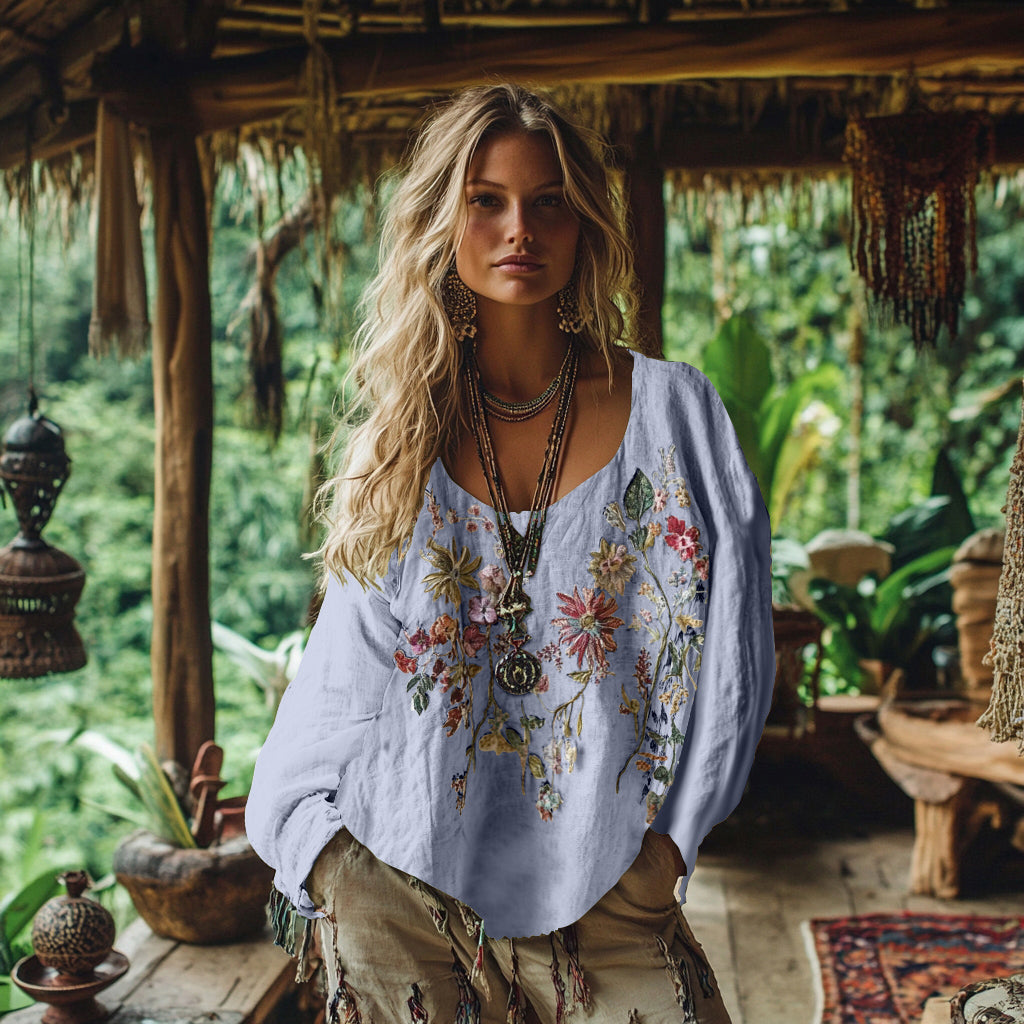 Retro Bohemian Floral Embroidery Art Graphics Cotton And Linen Blend Loose Blouse artswardrobe