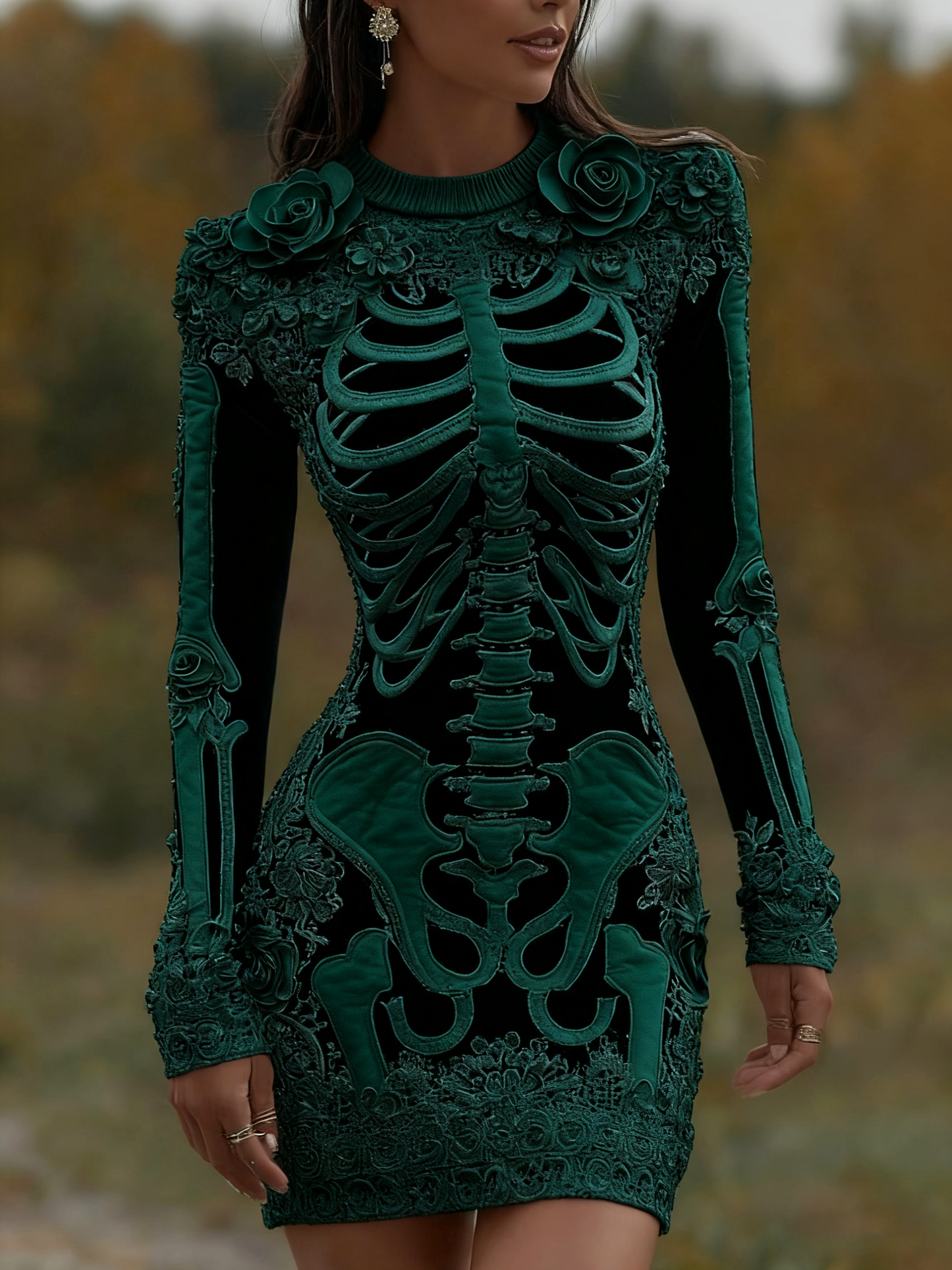 Women's Vintage Halloween Skeleton Bones With Rose Art Cozy Knit Mini Sweater Dress artswardrobe