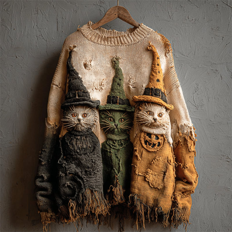 Halloween Witch Cats Crochet Distressed Knit Sweater elevenforest