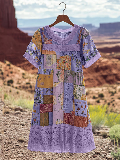 Vintage Floral Patchwork Comfortable Short-sleeved Dress artswardrobe