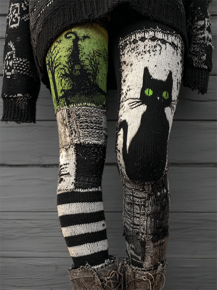 Comstylish Halloween Black Cat Witch Striped Cozy Knit Leggings