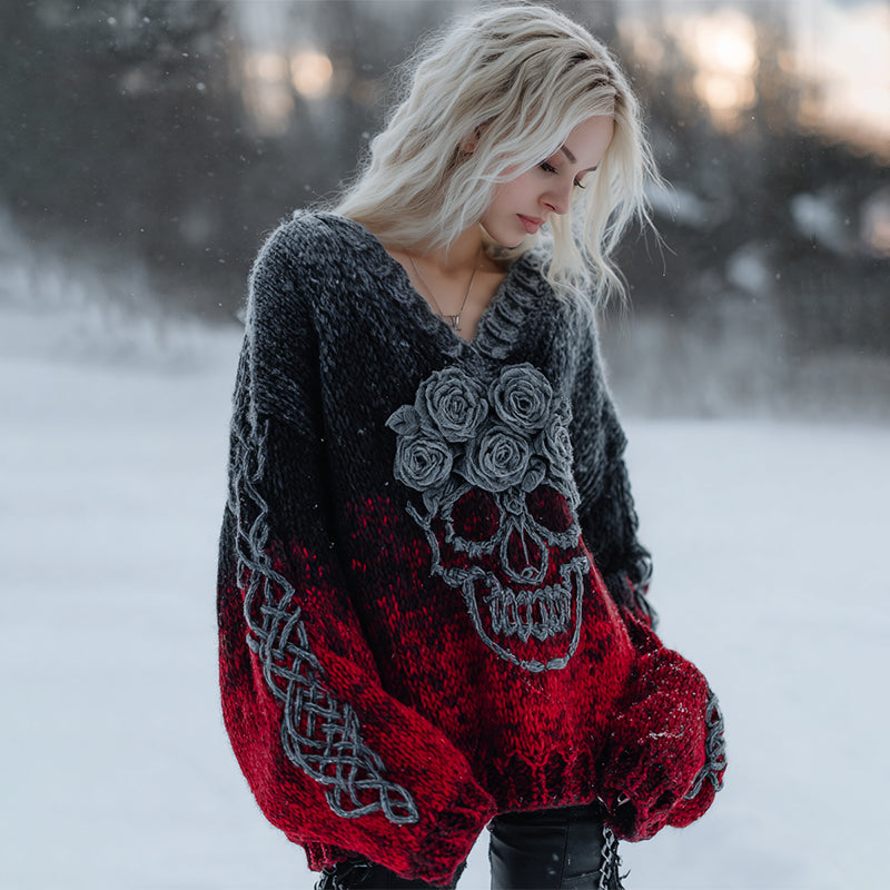 Women's Rose Skull Comfort Gradient V-neck Sweater artswardrobe