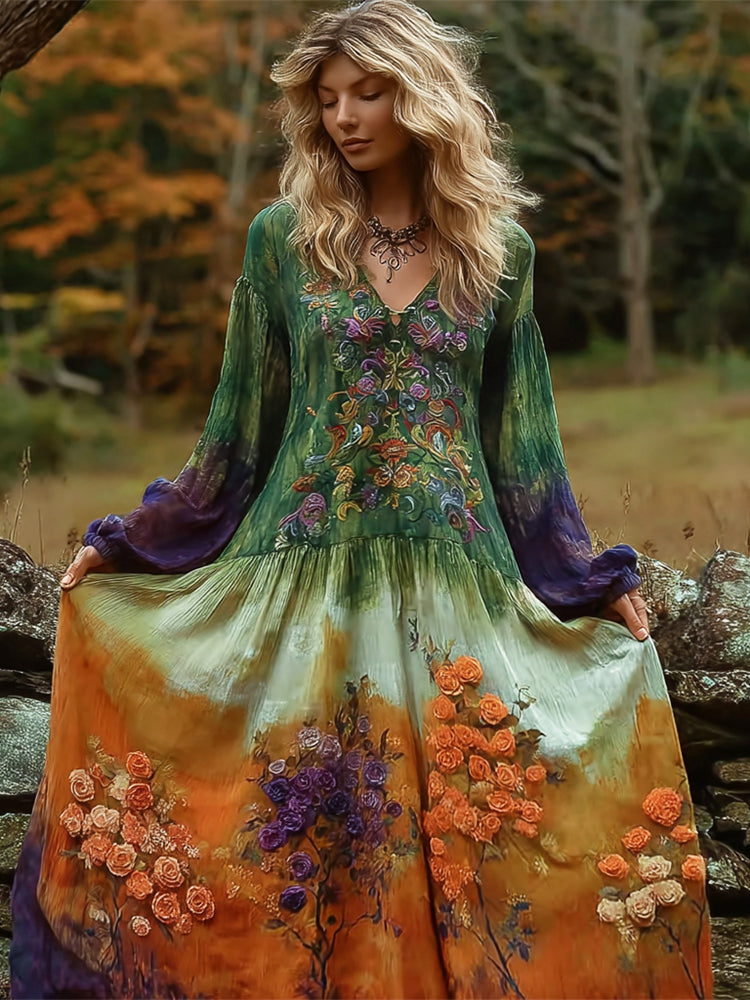 Vintage Autumn Floral Embroidery Gradient Women's Linen V-neck Maxi Dress artswardrobe