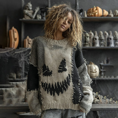 Halloween Spooky Face Contrast Stitched Cozy Knit Sweater artswardrobe