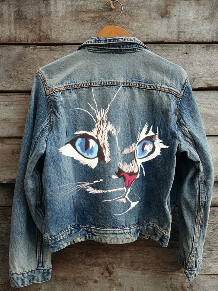Comstylish Blue-eyed Cat Embroidery Vintage Denim Jacket