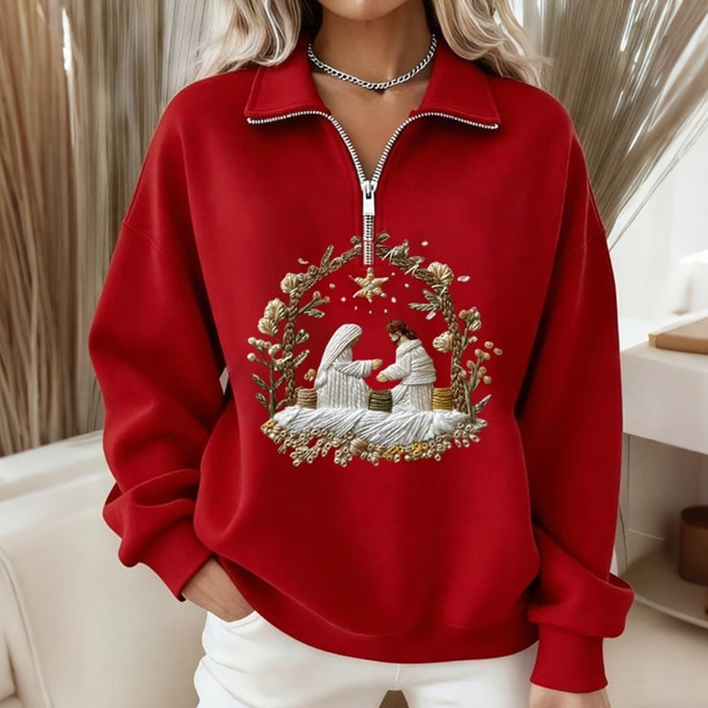 Comstylish Women's Nativity Night Print Zipper Sweatshirt