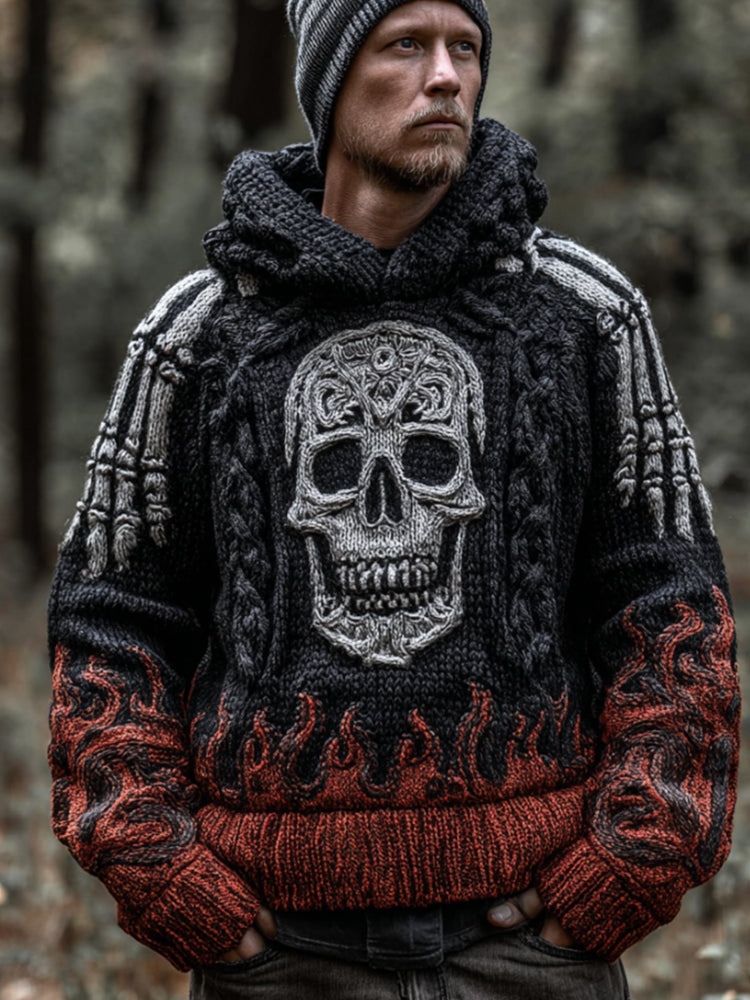Men's Halloween Flame Skull Retro 3d Embroidery Hooded Sweater artswardrobe