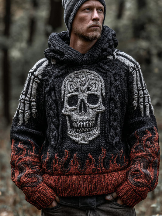 Men's Halloween Flame Skull Retro 3d Embroidery Hooded Sweater artswardrobe