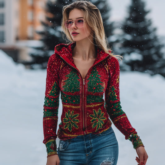 Comstylish Women's Christmas Tree With Glitter Pattern Art Cozy Knit Zipped Sweater