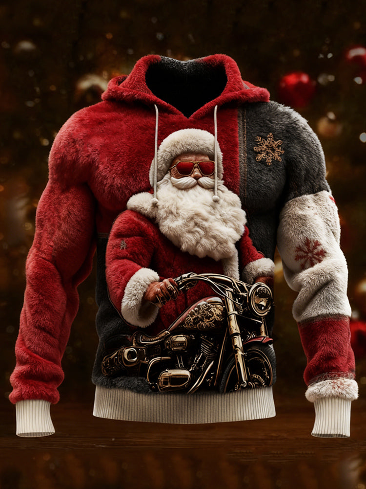 Comstylish Men's Christmas Santa Claus Motorcycle Colorblock Cozy Plush Hoodie