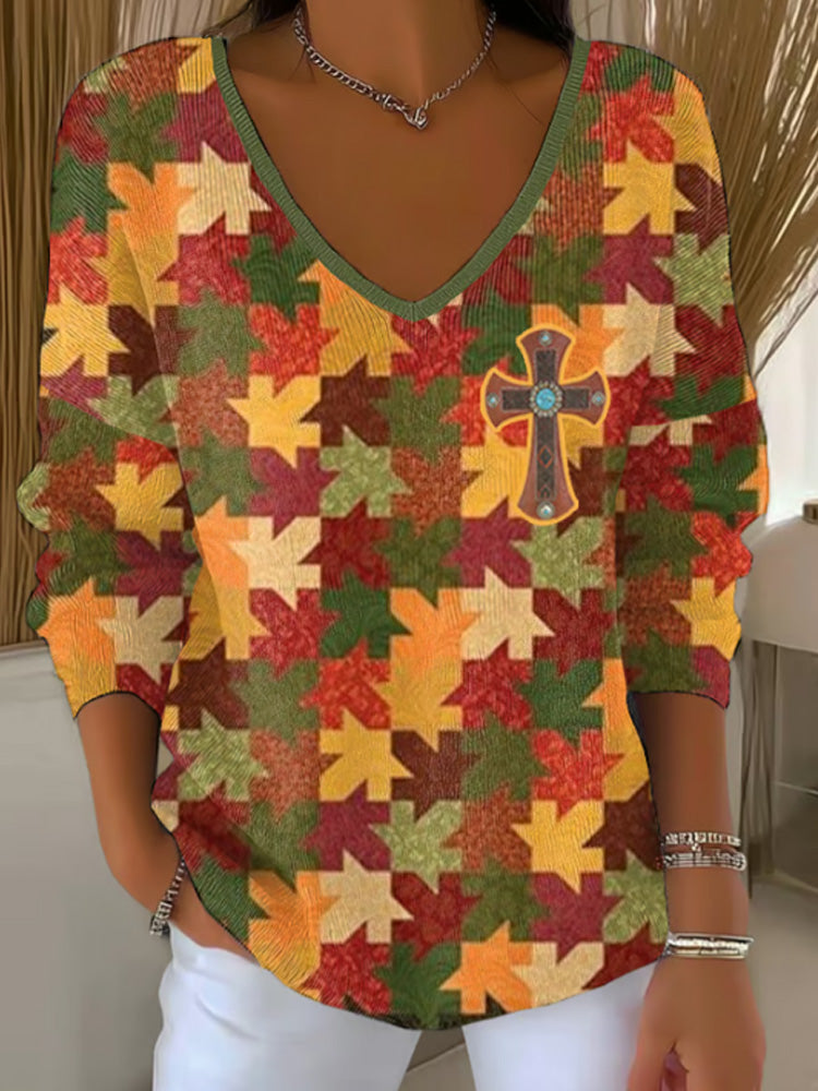 Women's Maple Leaf Art Print Drop Shoulder Sweater artswardrobe