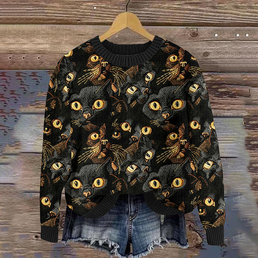 Women's Black Cat Embroidery Art Cozy Knit Sweater artswardrobe