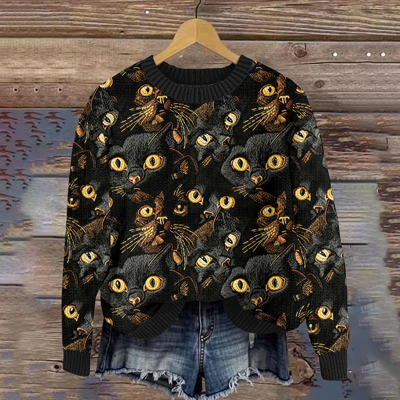 Women's Black Cat Embroidery Art Cozy Knit Sweater