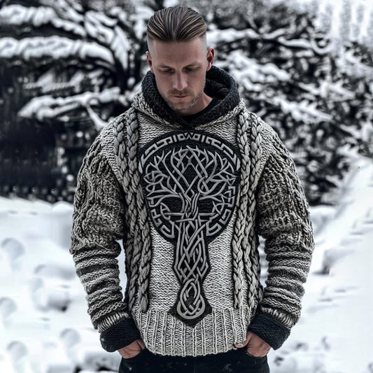 Men's Viking Tribal Jacquard Celtic With Tree Of Life Inspired Chunky Knit Hooded Sweater artswardrobe