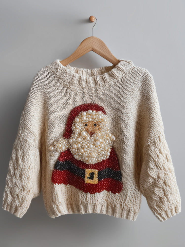 Santa Claus Embroidered Pearl Crew Neck Sweater artswardrobe