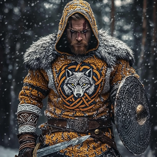 Men's Viking Wolf Jacquard Celtic Style Knitted Hooded Sweater artswardrobe