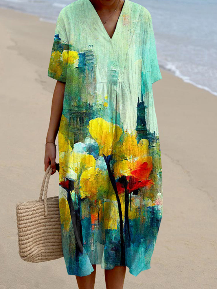 Abstract Oil Painting Floral Pattern Women'S Dress