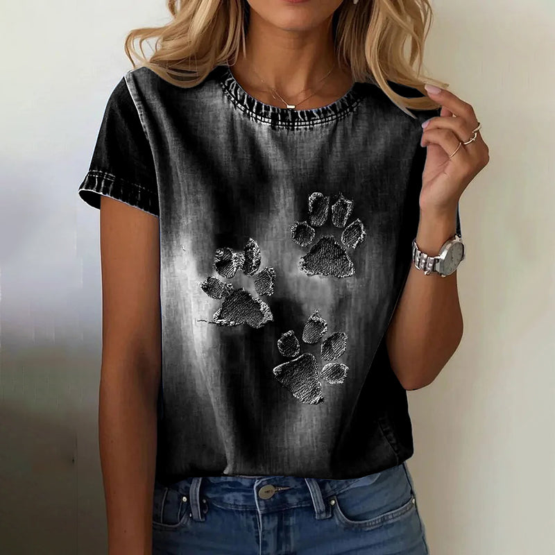 Women's Cute Cat Paw Denim Patchwork Art T-shirt elevenforest