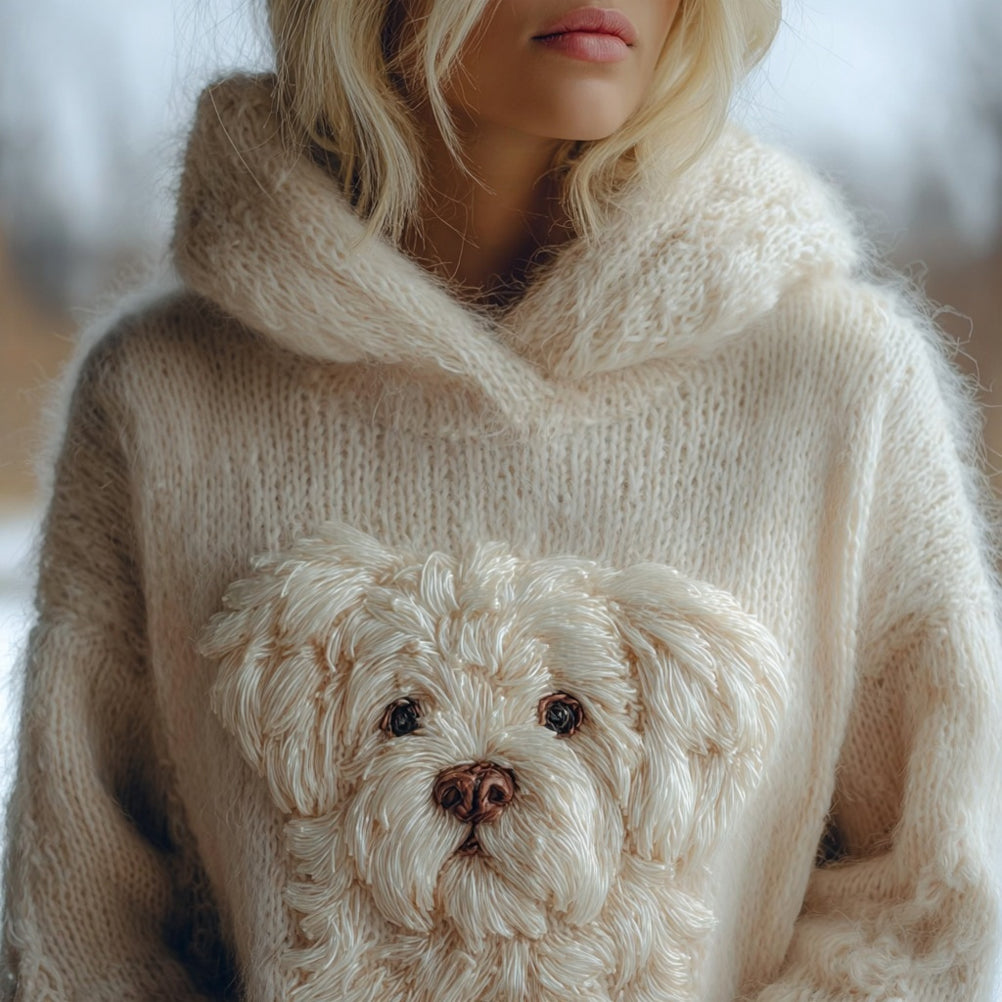 Cute Fuzzy Dog Embroidered Cozy Hooded Sweater artswardrobe