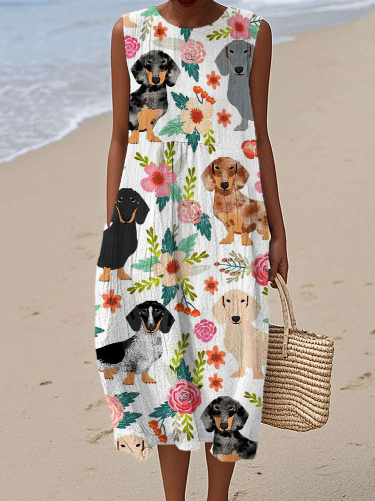 Comstylish Watercolor Dachshund Floral Print Women's Linen Tank Dress