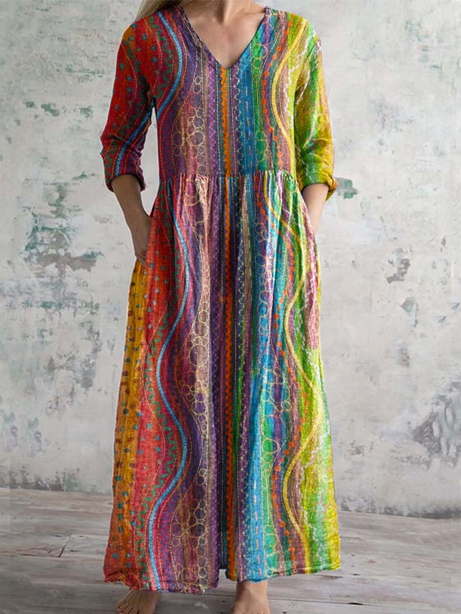 Women's V-neck Colorful Geometric Pattern Cotton Fabric Dress with Poc