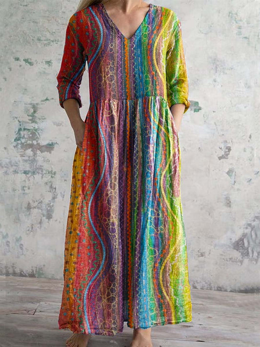 Women's V-neck Colorful Geometric Pattern Cotton Fabric Dress with Poc